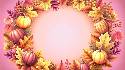 Fototapeta premium Thanksgiving wreath with pumpkins and leaves on a light pink background with copy space