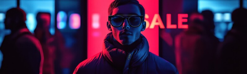 Obraz premium Brightly lit man in sunglasses standing in front of neon signs, sale discount concept