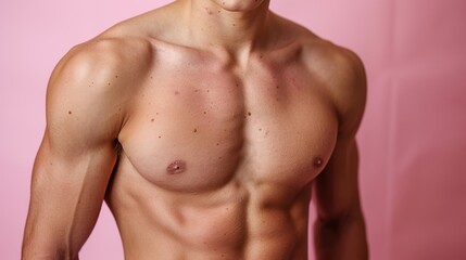 Fototapeta premium Young man showing muscular physique against a pink background during a fitness photoshoot