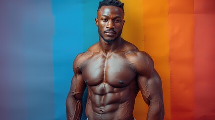 A muscular man poses confidently against a vibrant gradient background showcasing his physique and strength