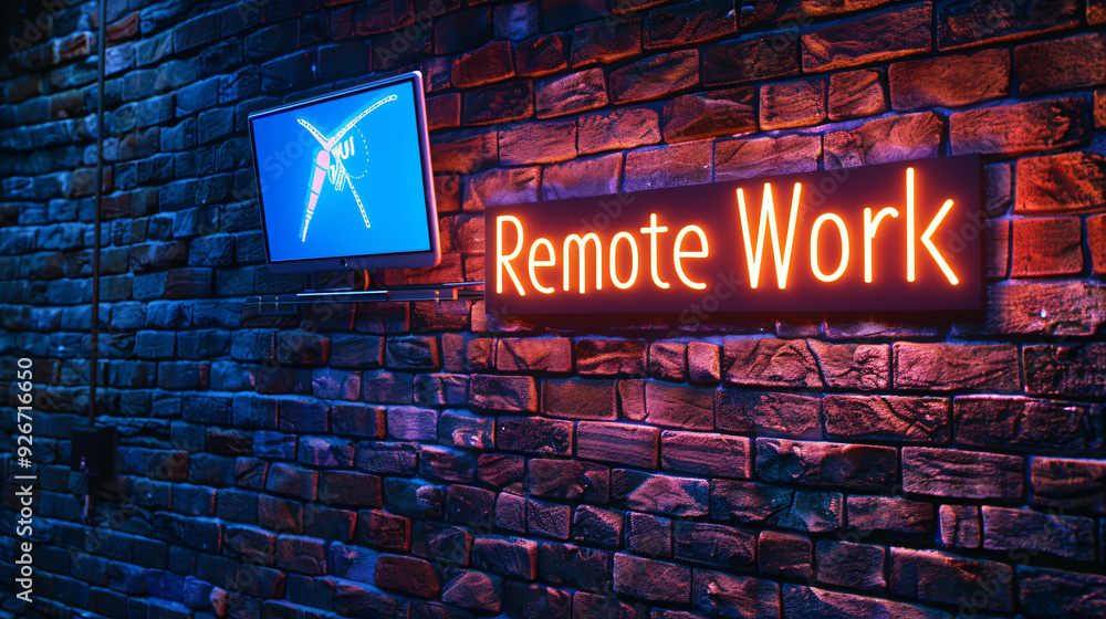 Poster neon sign showing the concept of remote work with a computer displaying a futuristic hologram