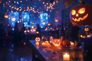 Halloween Party Table Setting with Jack-o'-Lanterns and Candles