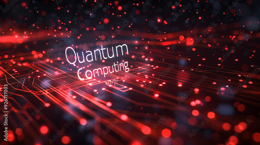 Poster The future of technology: a glowing quantum computing symbol on a red circuit board