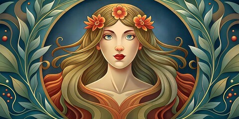 Graceful Woman with Flowing Hair and Floral Accents in Art Nouveau Style, generative ai