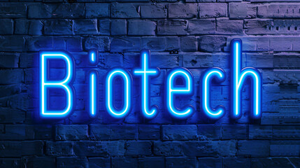 Obraz premium Blue neon sign showing the word biotech mounted on a brick wall, conveying innovation and technology