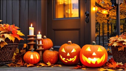 pumpkin, candle, autumn leaves, window. Autumn still life, background. The Halloween holiday.