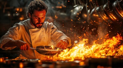 Chef Cooking Over an Open Flame in a Bustling Kitchen, Stirring a Pan with Focused Expression, Surrounded by Pots and Pans Hanging in the Background