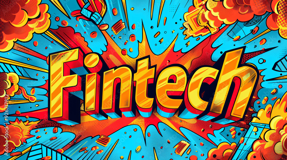 Poster fintech world bursting from a vibrant comic book style background with dynamic sound effects graphic