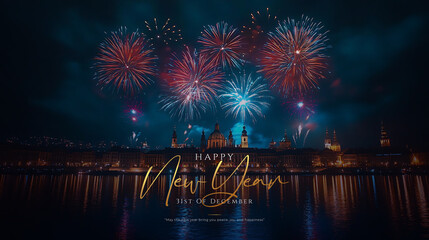 Fototapeta premium Cityscape with Fireworks Display over River Photo