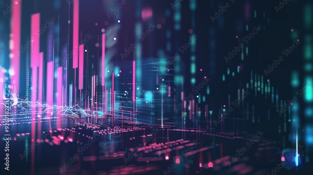 Poster abstract digital cityscape with neon lights and data visualization