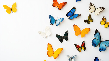 Fototapeta premium various butterflies in different colors on white background with space