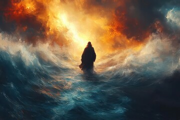vibrant digital painting of jesus walking on turbulent waters dynamic brushstrokes radiant light and contrasting colors create a powerful aweinspiring depiction of the biblical miracle