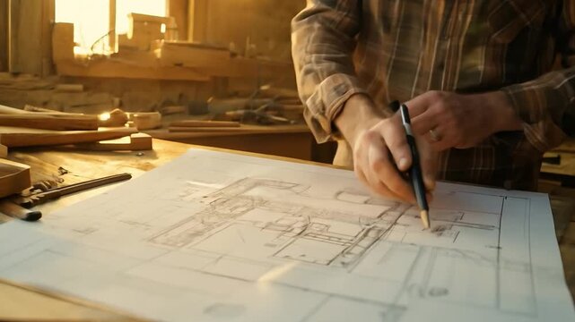 Experienced carpenter drawing a plan in his workshop