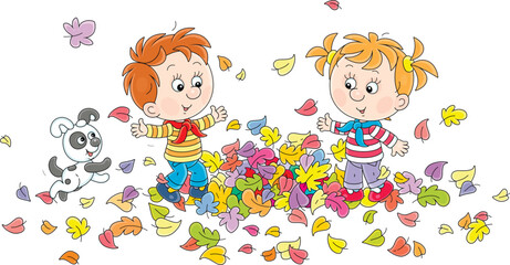 Happy little boy and girl with a merry puppy playing among colorful swirling and fallen leaves on a walk in an autumn park, vector cartoon illustration isolated on a white background