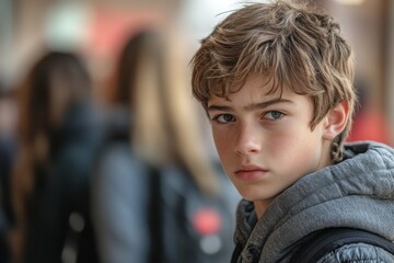 Boy with brown hair and blue eyes looking at camera, verbal bullying