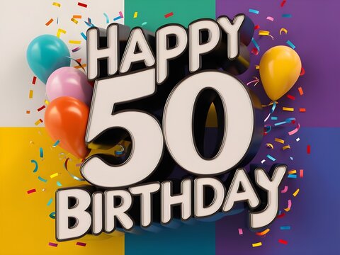 Happy 50th birthday with balloons and confetti