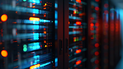 Naklejka premium Modern server room filled with highpowered IT racks with latest in data storage technology. Tech infrastructure designed for optimal performance and efficiency. Information upload to physical server 