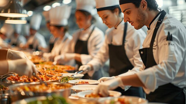 Business team cook-off, preparing dishes, creativity, teamwork.