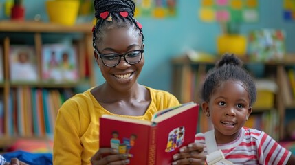 Volunteer reading a book to children in a community center, promoting literacy and education through book donations.