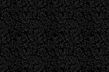 black floral damask seamless pattern tile featuring intricate and ornate monochrome leaf designs on a dark background, ideal for luxurious and classic design projects, backgrounds and backdrops