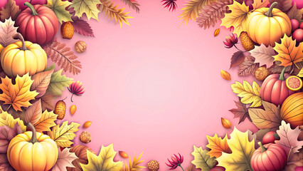 Fototapeta premium Harvest wreath with pumpkins and acorns on a pink background with copy space