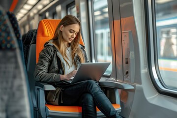 Young woman working on her laptop during a comfortable train journey, blending productivity with travel