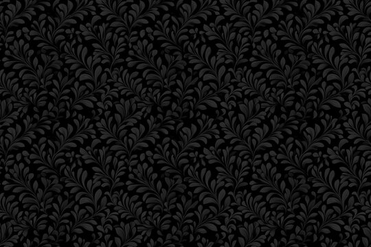 Fototapeta black floral damask seamless pattern tile featuring intricate and ornate monochrome leaf designs on a dark background, ideal for luxurious and classic design projects, backgrounds and backdrops