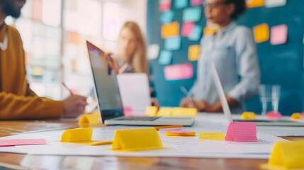 A collaborative workspace with diverse individuals brainstorming ideas using laptops and sticky notes on a table.