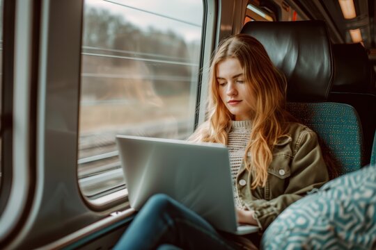 Young woman working on her laptop while traveling on a train, focused and productive in a comfortable setting