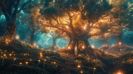 Mystical forest with glowing trees and magical lights.