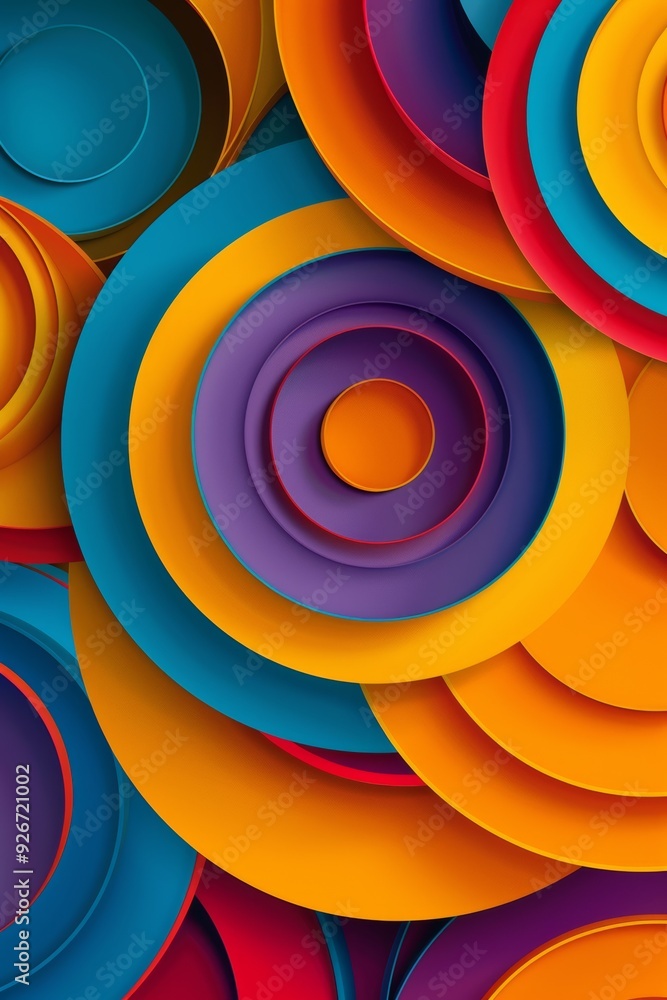 Poster bright colored circular rings on a minimal background, creating an abstract and vibrant visual