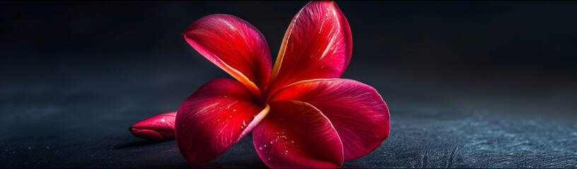 A striking red Plumeria flower isolated against a black backdrop, showcasing its vibrant color