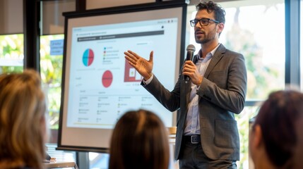 The image shows a presentation slide with a pie chart and a man speaking into a microphone. The man is wearing glasses and a suit, and appears to be explaining data to an audience.