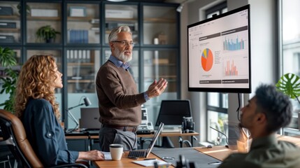 An older man with a beard and glasses is giving a presentation in a conference room. He is gesturing with his hands while talking to a group of people.