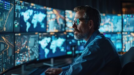 Logistics coordinator, real-time tracking, control room, multiple screens.