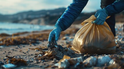 Obraz premium Volunteer placing trash into a garbage bag on the beach, close-up, focus on hands and trash.