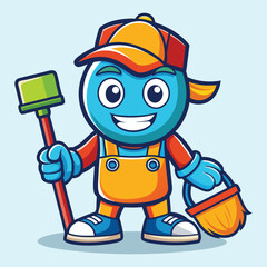 Cleaning service cartoon character with cleaning elements vector illustration