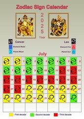 Illustration of a wall calendar 2025 of the zodiac signs by decades.