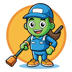 Cleaning service cartoon character with cleaning elements vector illustration