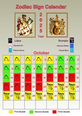 Illustration of a wall calendar 2025 of the zodiac signs by decades.