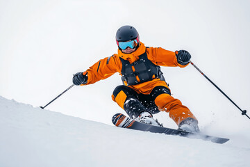 An athlete skiing down a snowy mountain slope in an orange and black suit during a winter adventure