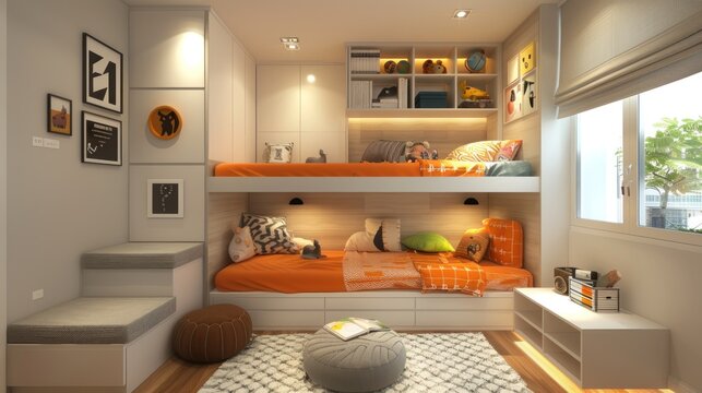 Minimalist kids' room with loft bed, built-in storage, playful decor.