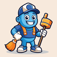 Cleaning service cartoon character with cleaning elements vector illustration