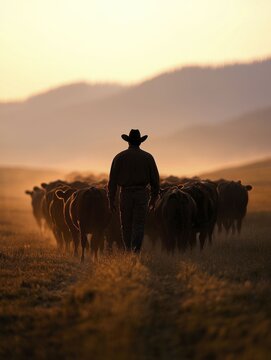 A cowboy herding a group of cattle at dusk, vast range and rugged landscape illustrating the spirit of ranching and traditional livelihoods