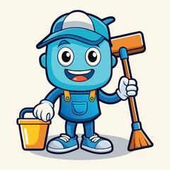Cleaning service cartoon character with cleaning elements vector illustration