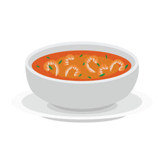 Shrimp with sauce,white bowl with tasty seafood soup with shrimps and greens,vector illustration