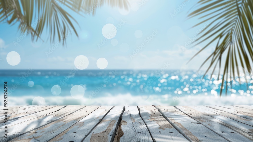 Sticker tropical beach scene with wooden deck