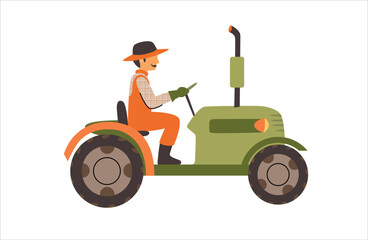 Farmer driving a green tractor. Colourful agriculture illustration. Farm and countryside live. Vector flat design,