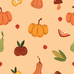 Seamless pattern of pumpkins and fall vegetables. Autumn harvest tiles.