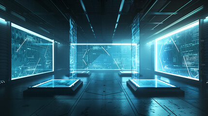 High-tech data center interior with illuminated holographic displays and blue neon lights, showcasing a futuristic environment